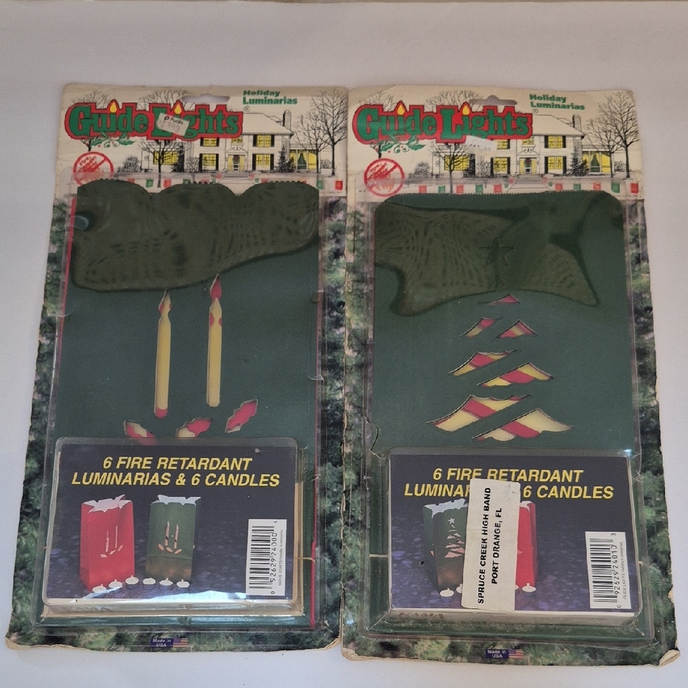 Vintage Christmas Fire Retardant Paper Luminaries Bags with Candles - Green USA